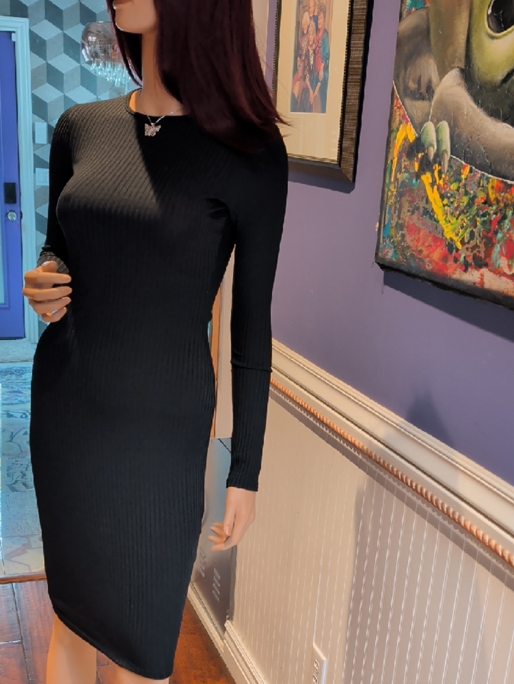 Missguided Black Ribbed Long Sleeve Bodycon Midi Dress - Picture 6 of 6